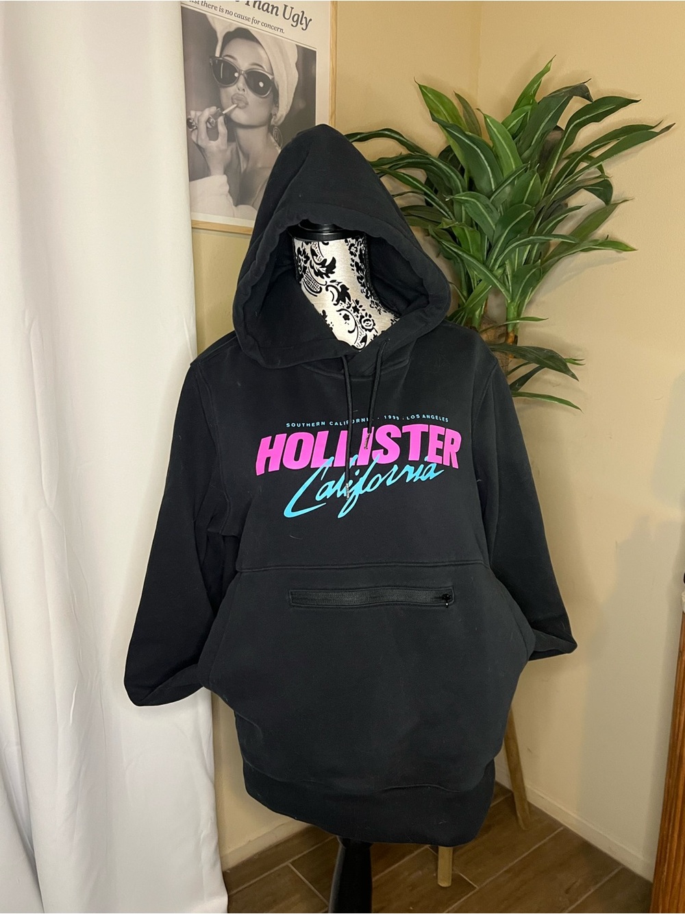 Hollister Black Hoodie with Pink & Teal Logo
